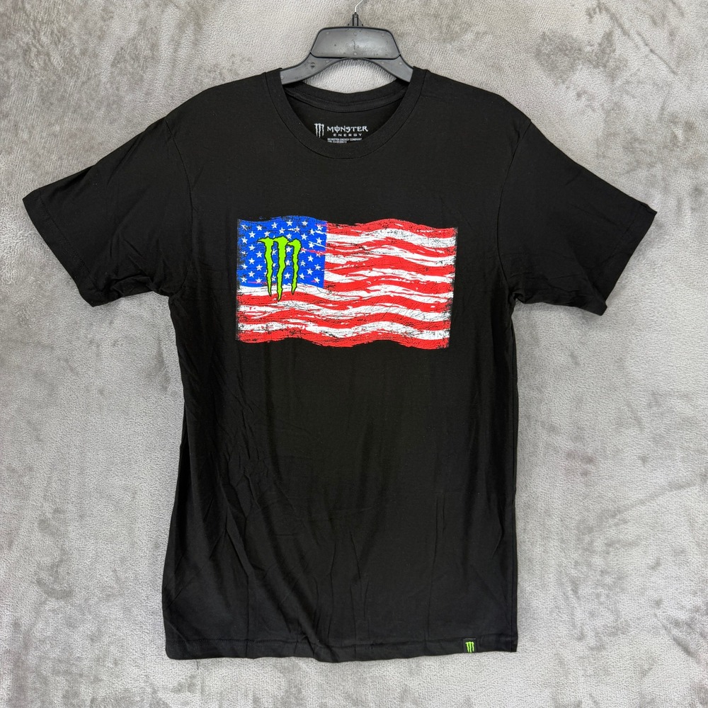 Monster Energy T-Shirt Mens Medium Black USA American Flag Graphic Cotton Tee